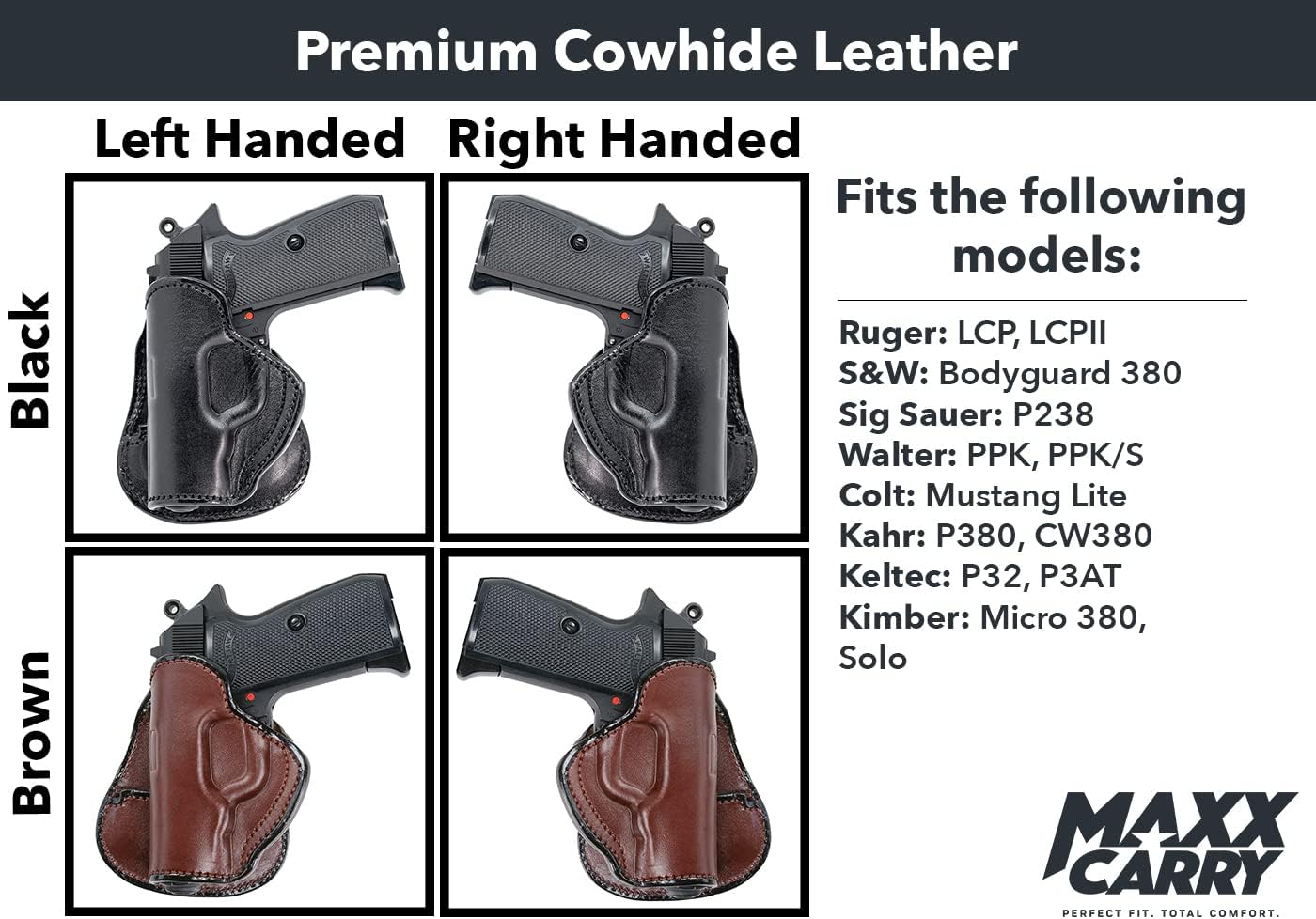 Maxx Carry Paddle Leather OWB Gun Holster for Ruger LCP, LCP II .380 ACP | Concealed Carry | Fits S&W Bodyguard 380 | Colt Mustang | Kahr CW380, P380 | Kimber Micro 380 | Sig Sauer P238 | Walther PPK