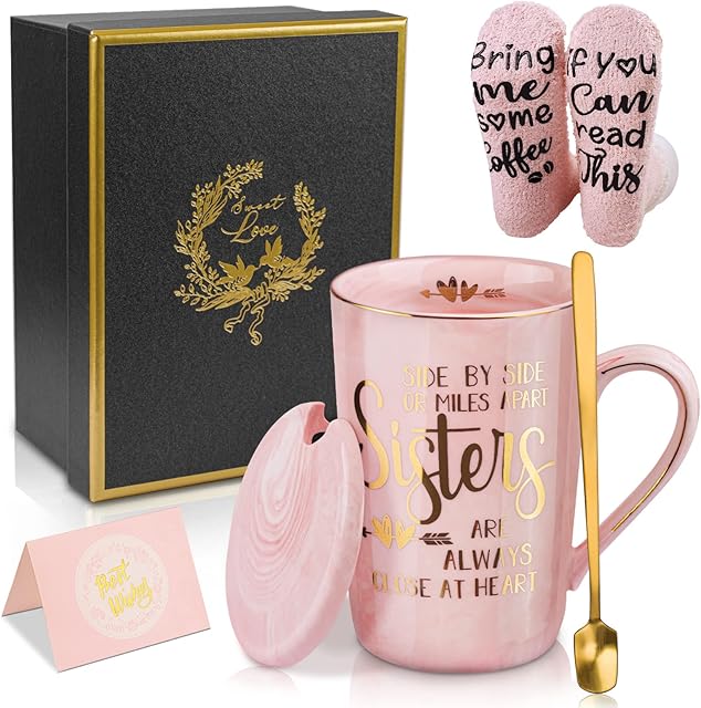 Sisters Gifts from Sister Happy Birthday Present Coffee Mugs Espresso Cup - Personalised Best Sister Ceramic Mug Tea Cups for Her Women with Socks Spoon Wish Card