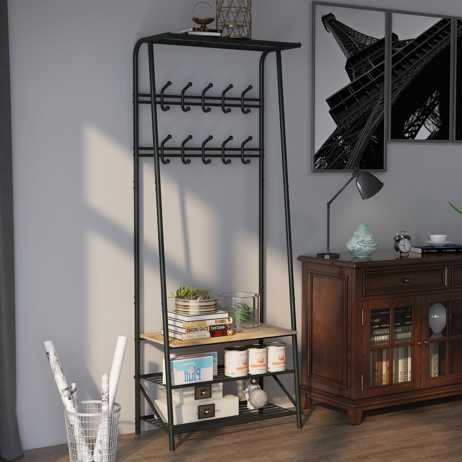 Garvee Perchero Con Zapatero Mueble Recibidor,10 Ganchos Extraíbles, Estructura Metálica Para Entrada, Puerta Principal Y Vestíbulo, Dimensiones 64×29×180 cm