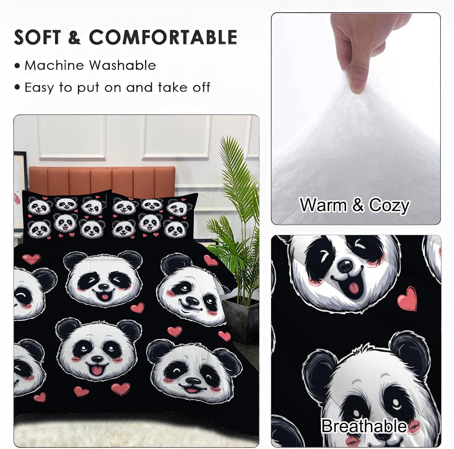 Kids 90" x 90" Coverless Duvet for All Seasons, Reversible Washable 3 Quilt with Cartoon Heart Symbol Patterns, Black Comforter with 2 Pillowcases 50x75cm, Queen