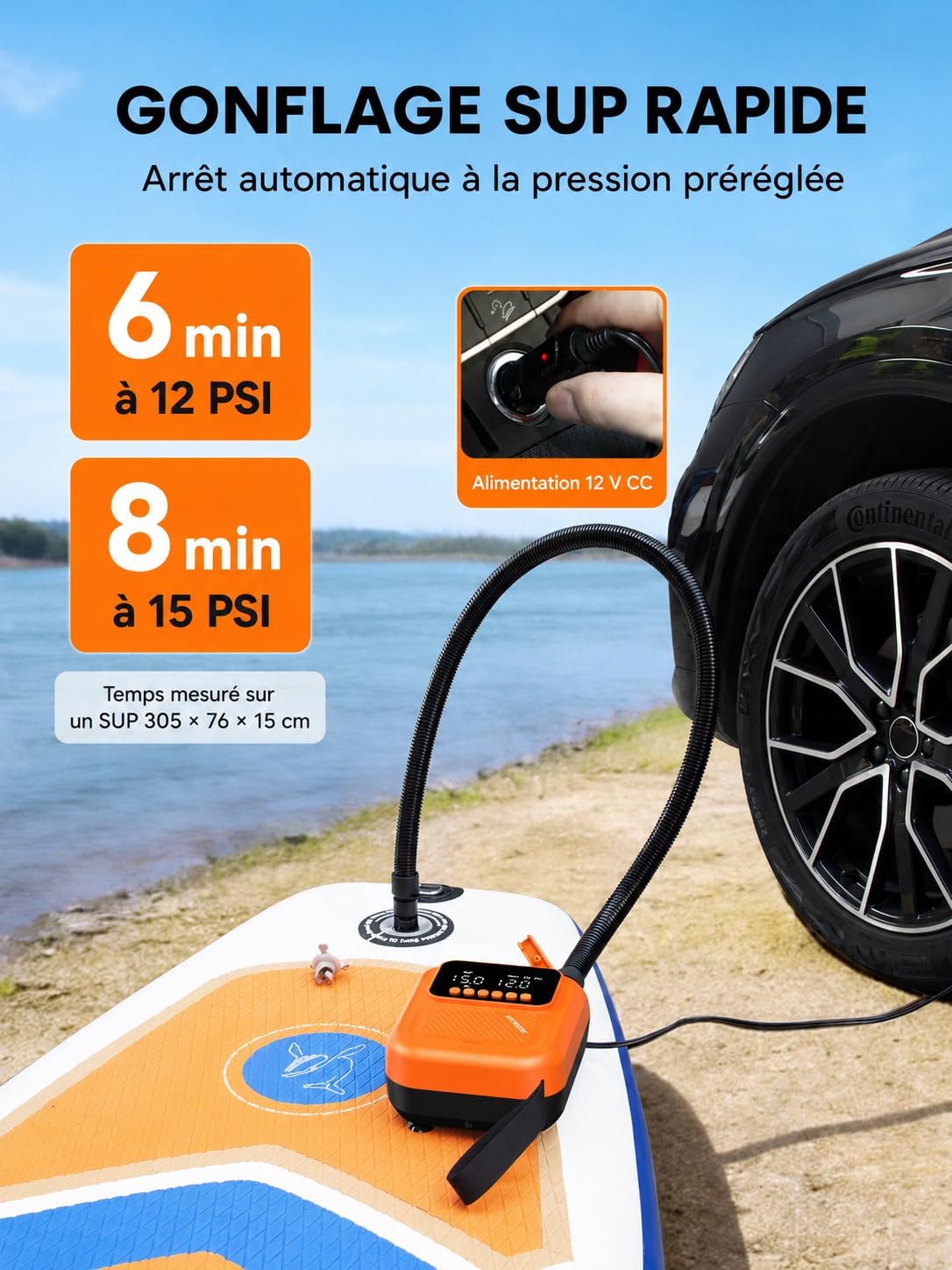 Pompe Électrique Sup 20 PSI, Alimenté par 12V DC de Voiture, Arrêt Automatique et Double Écran Numérique, Gonfleur/Dégonfleur Électrique avec 7 Embouts pour Paddle, Kayak, Matelas et Tente