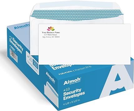 500#10 Custom Printed Security Tinted Gummed Envelopes Personalized with Logo and Address/Return Address Imprinted - Size 4-1/8 X 9-1/2" - White - 24 LB - 500 Count 7-34020