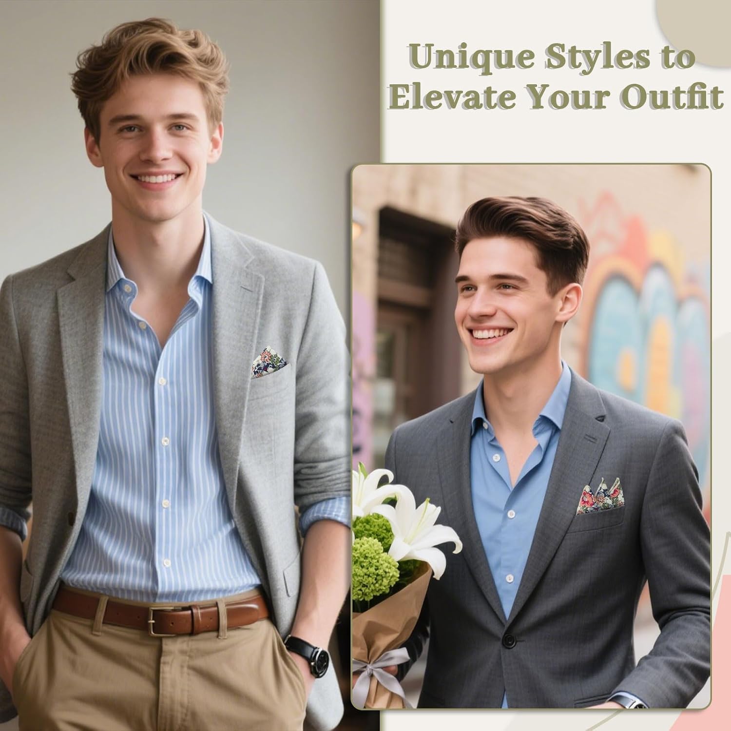 Floral Pocket Squares for Men, Cotton Suit Mens Handkerchief Flower Printed Pocket Square for Jacket Wedding Casual