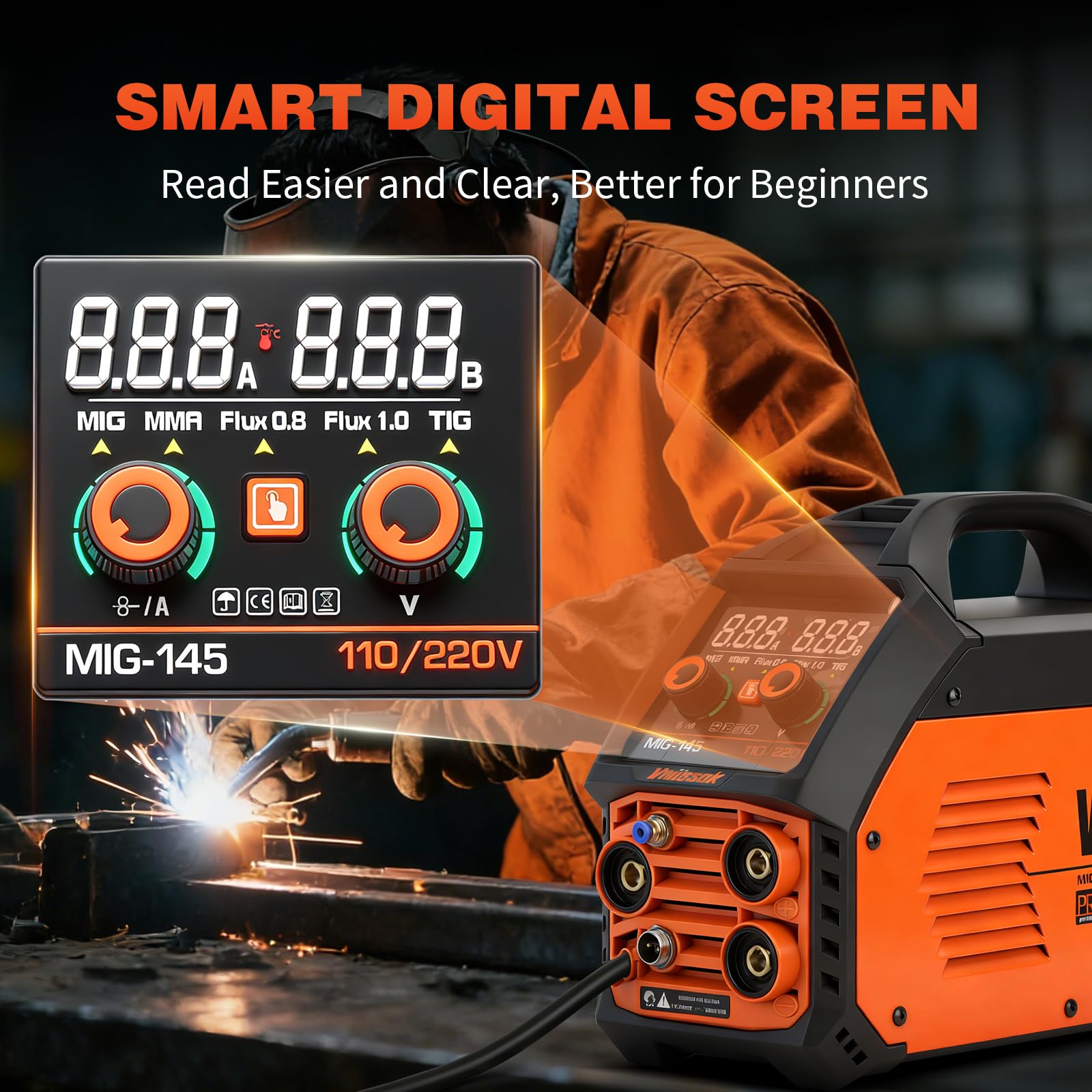 Soldador MIG de 145 A, soldador multiproceso de 110 V/220 V, máquina de soldadura MIG sin gas, 5 en 1 MIG/MMA/Lift TIG/núcleo de flujo 0.8/núcleo de flujo 1.0, máquina de soldadura de pantalla LED