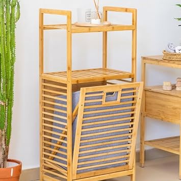 AmberHaus 3 Raflı Bambu Çamaşır Sepeti ve Banyo Düzenleyici Dolap - Havlu ve Deterjanlık Bölmeli Dikey Kirli Sepeti (100x45x30 cm)