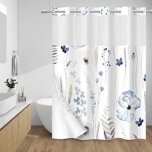 Miniatura 7 de Cortina de ducha sin gancho y con forro interior impermeable de tela a presión, cortinas de tela para ducha con diseño de plantas y flores azul