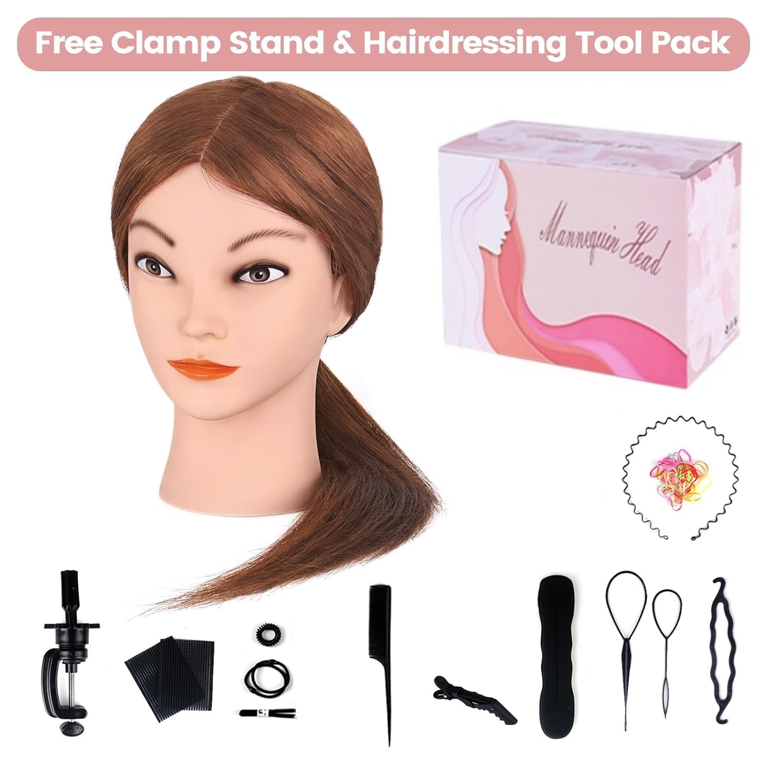 MYSWEETY Mannequin Head with Hair, Doll Head for Hair Styling, Manikin Head with 100% Human Hair Cosmetology Makeup Hairdressing Training Head with Clamp Holder and Tools(18" Auburn, Makeup)