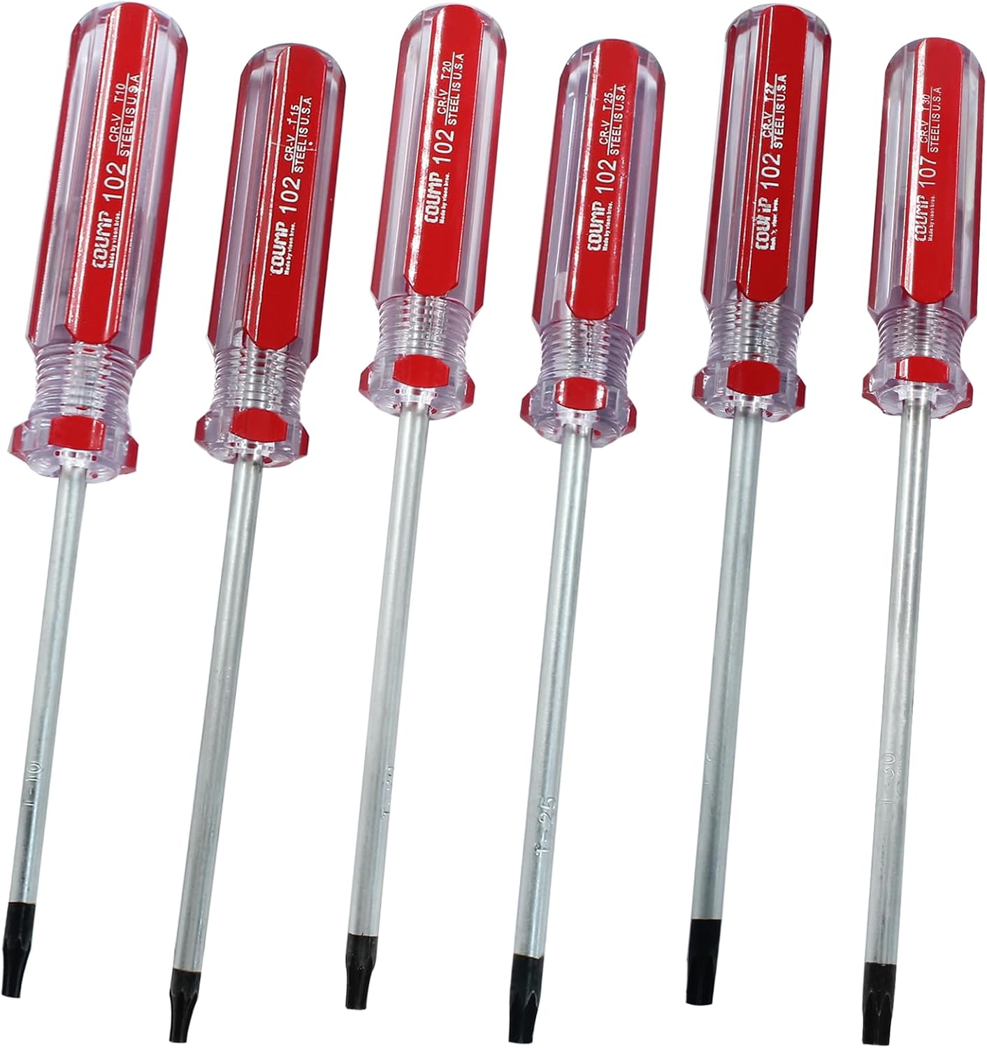 6 Pc Security Torx Screwdriver Set with Magnetic Tip, T10 T15 T20 T25 T27 T30 Cr-V Steel Screwdriver for Repairing and DIY, 4 Inch Working Length with Red Insulated PVC Handle