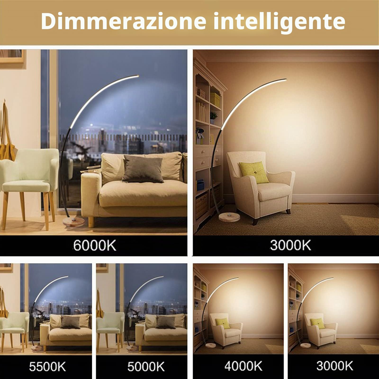 Lampada da Terra Soggiorno, Moderno LED 25W Lampada da Terra ad Arco Piantana Dimmerabile su 3 livelli per Soggiorno Camera da Letto Ufficio,Bianca
