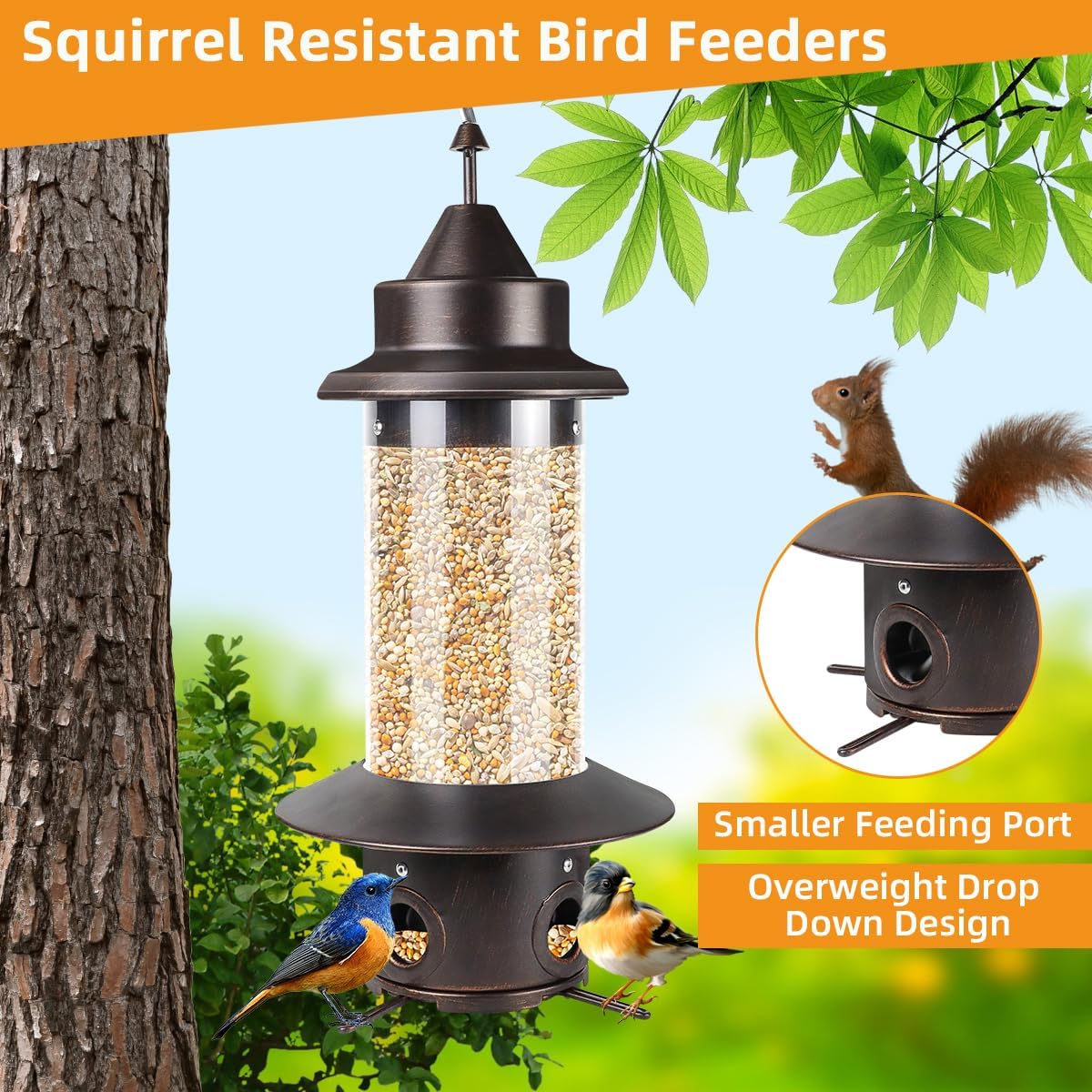 Squirrel Proof Bird Feeders - Gravity Protection Anti Squirrel Wild Metal Bird Feeders for Outdoors Hanging,Premium Hard Plastic Tube Bird Seed Feeder with 4 Feeding Ports for Blue Jay,Sparrow(Bronze)