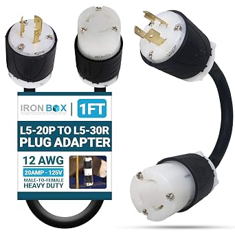 IronBox Electric NEMA L5-20P to L5-30R Plug Adapter Power Cord - 20A, 125V, 12 AWG - UL Listed Power Extension Cable - Heavy Duty Plug and Connector for Generator, RV, Data Centers & More 1ft, Build