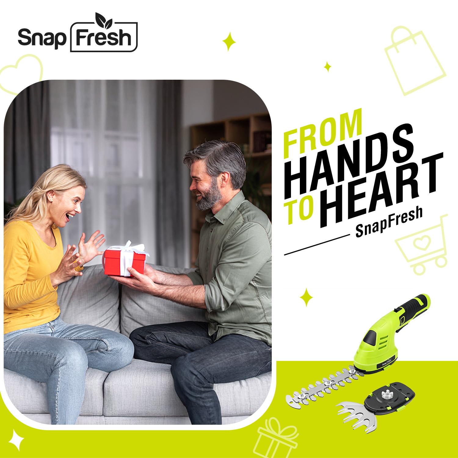 SnapFresh Mini Taille Haie sans Fil 8V Poignée Rotative Cisaille à Gazon avec Batterie 2 Lames CÂBLE USB-C 151mm 98mm