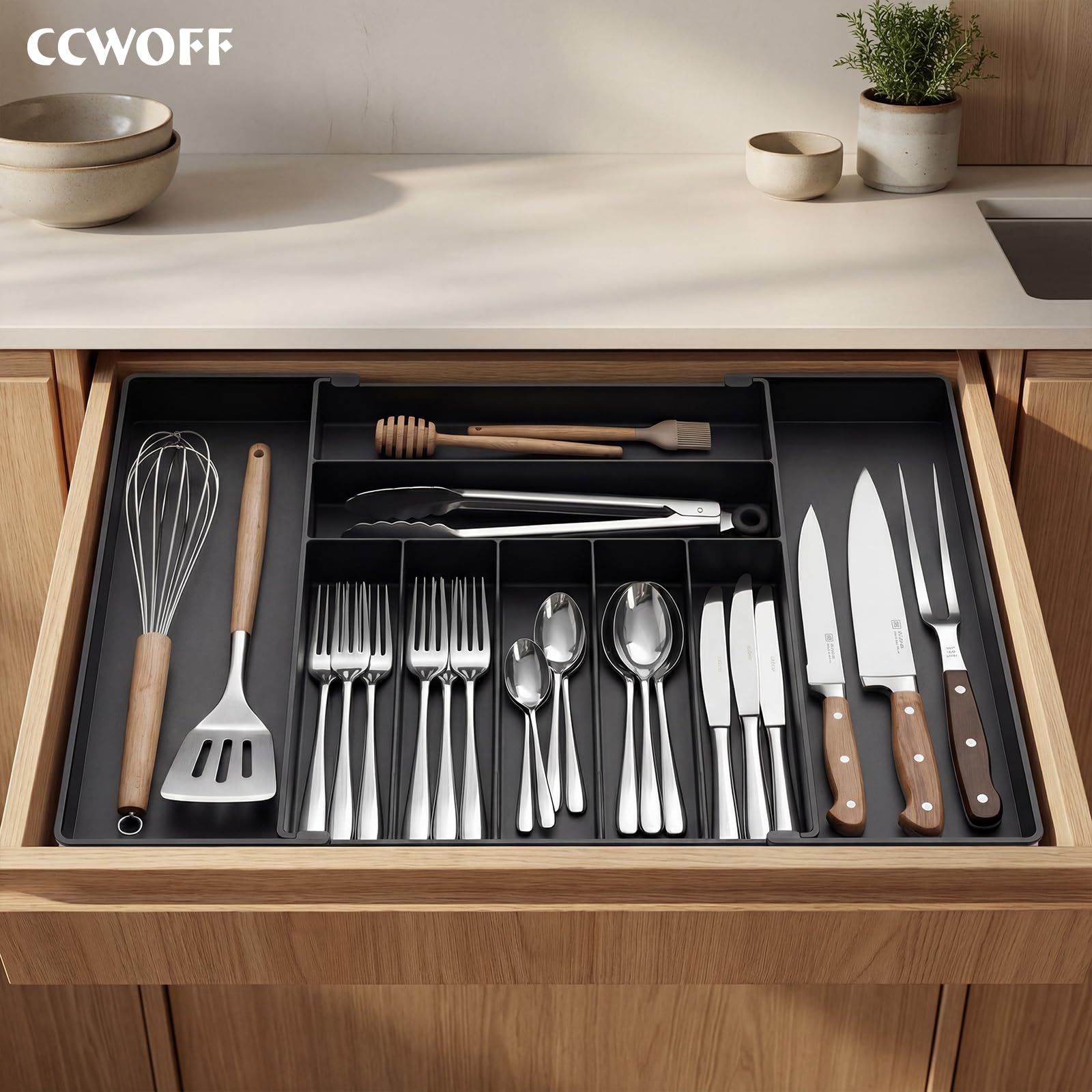Organizzatore di argento extra grande, Organizzatore di cassetto da cucina espandibile a 9 slot, Portautensili nero