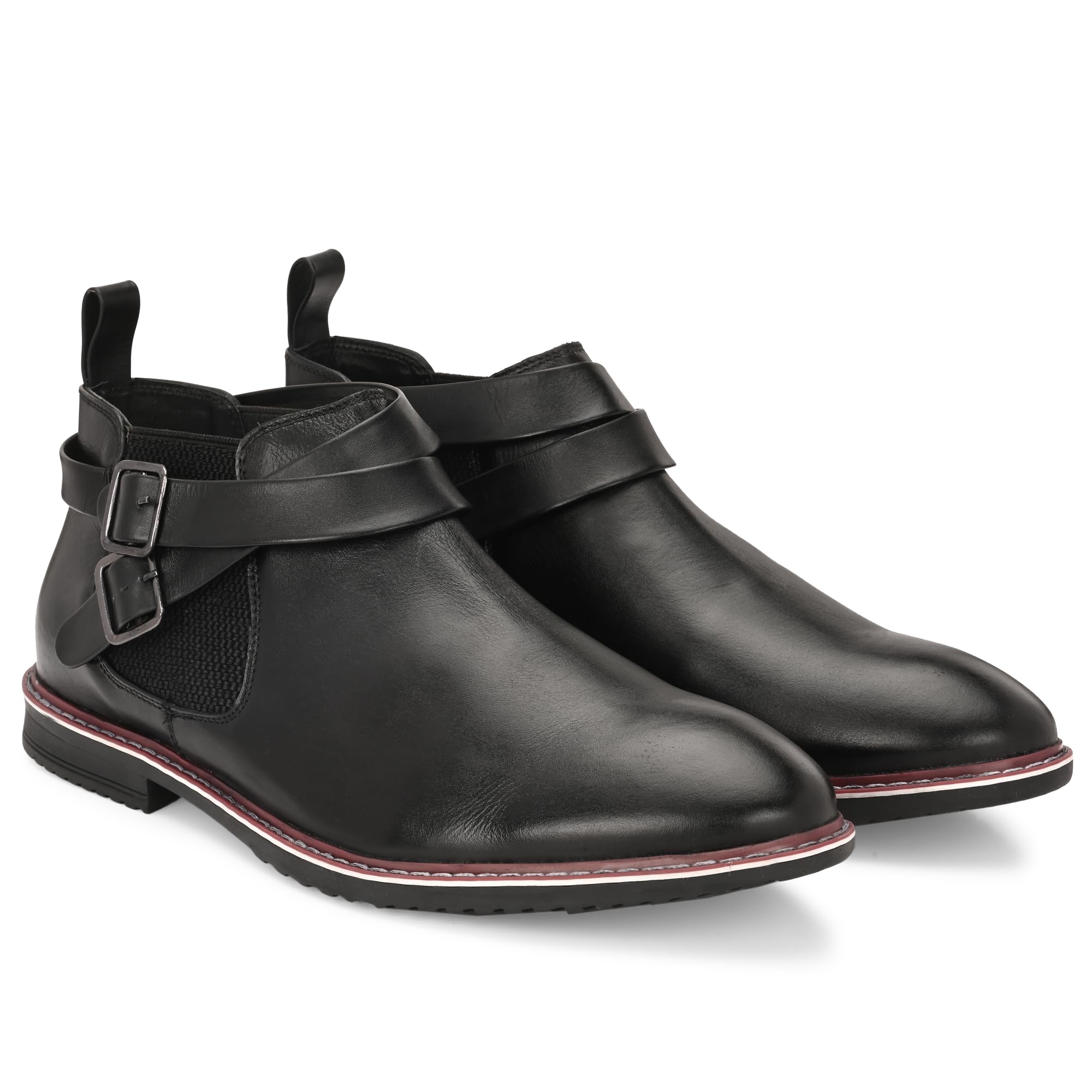 marswalk Kawasaki Men's Double Buckle Chelsea Boots, Premium Leather, Black-picture-39