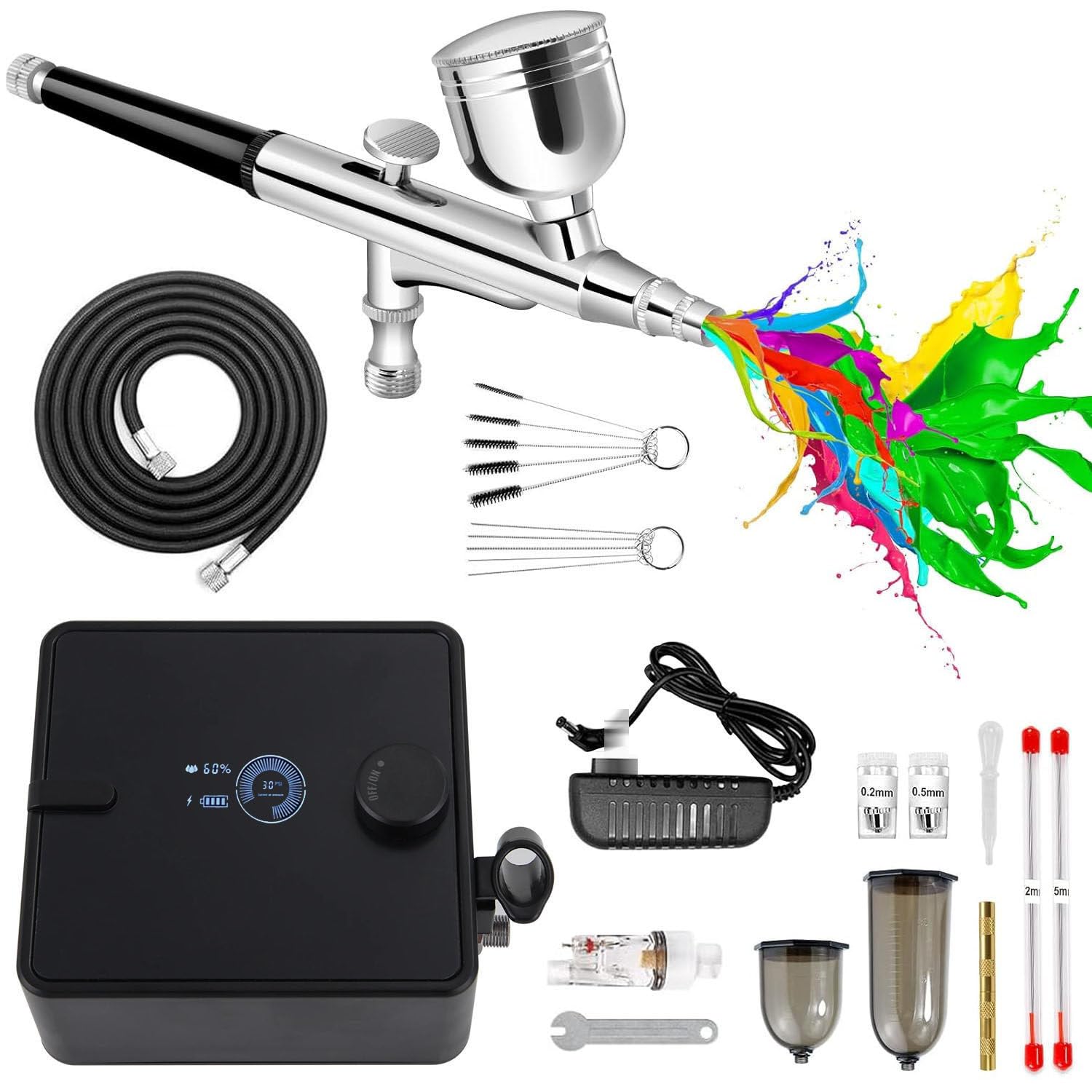 Kit De Compresor De Aerógrafo, 30PSI Juego De Aerógrafo De Doble Acción, con Boquilla De 0.2/0.3/0.5mm, Pistola De Aerógrafo Pulverizadora para Modelo, Manicura, Pastel, Pintura