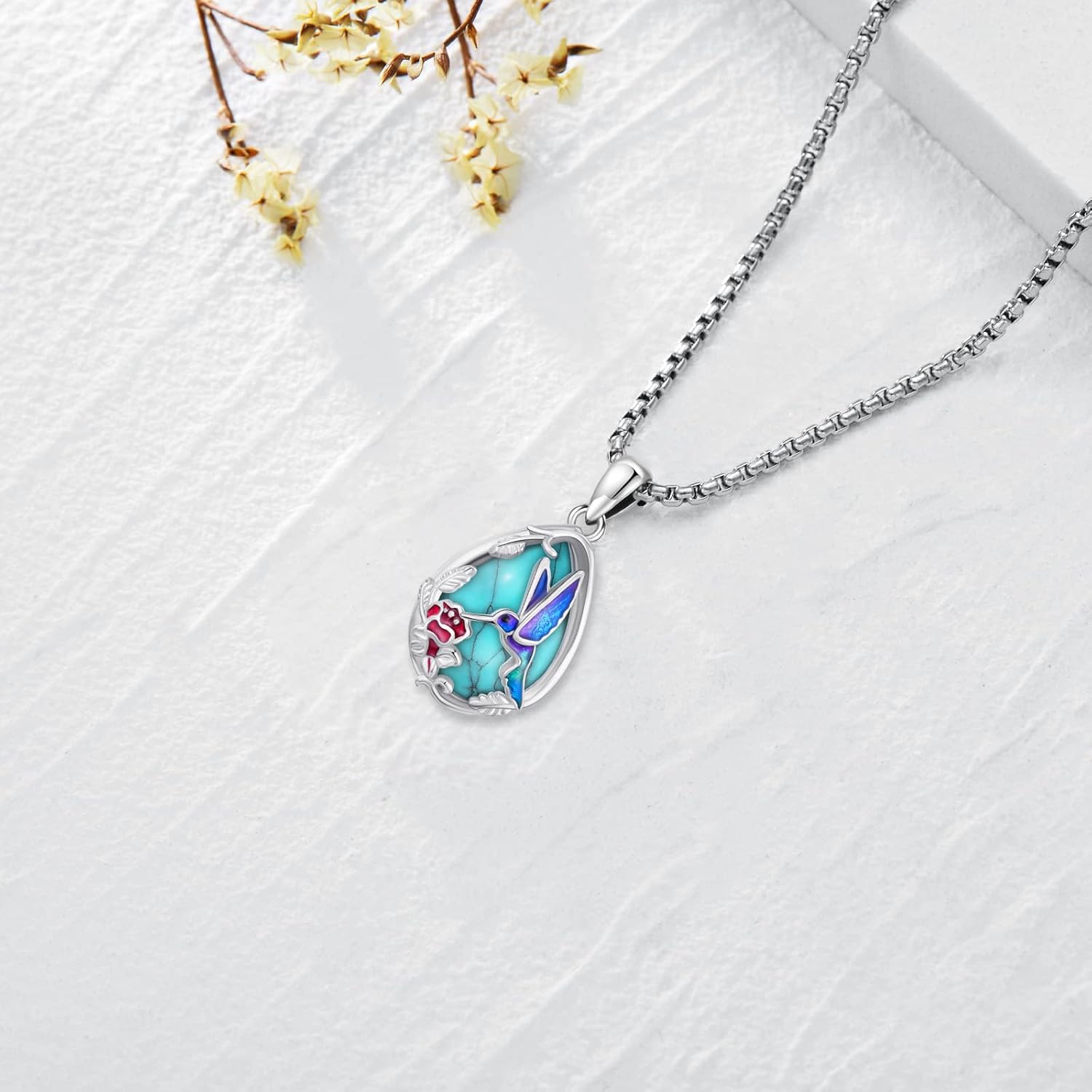 S925 Sterling Silver Flower Hummingbird Necklace for Women Oval Black Obsidian Moonstone Pendant Mother Day Necklace for Mom Turquoise Jewelry Gifts - Image 2