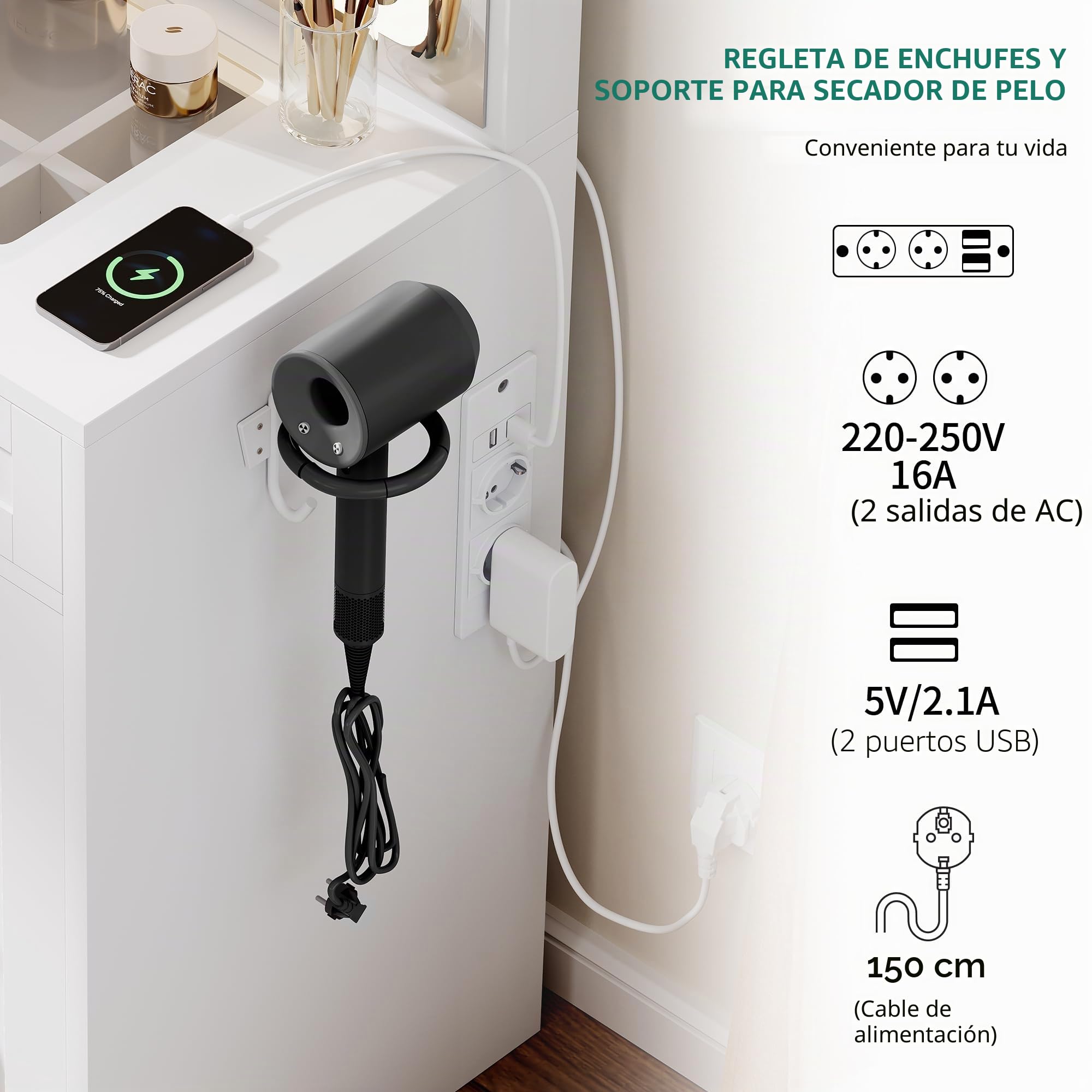 YITAHOME Tocador con iluminación LED Ajustable y enchufes, tocador con Espejo, tocador con cajones divididos, Escritorio Transparente, Blanco