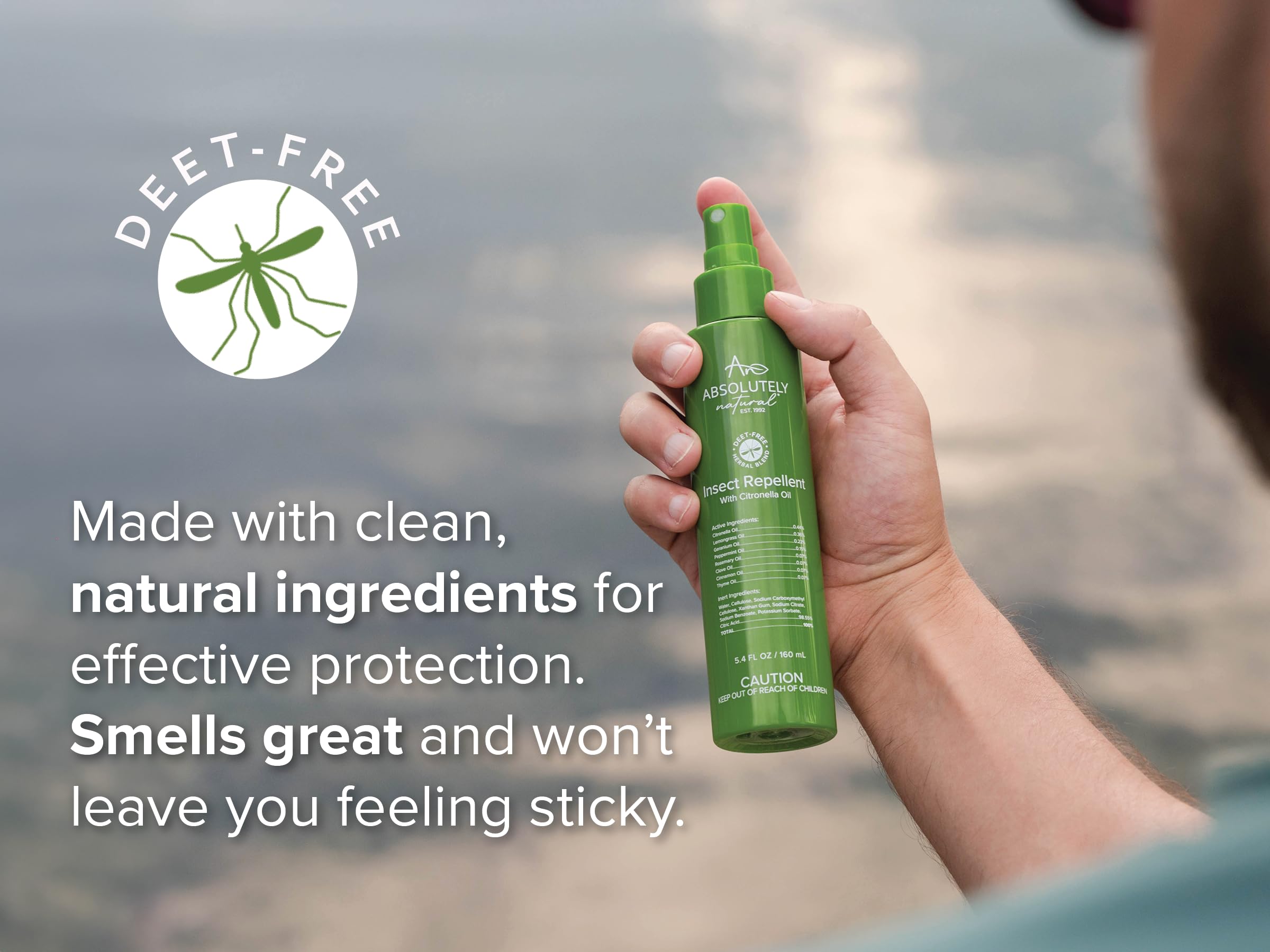 Absolutely Natural Mosquito Repellent for Outdoor Patio – DEET-Free Bug Spray with Citronella – Non-Sticky, Long-Lasting Fresh Scent Insect Repellent - 5.4oz