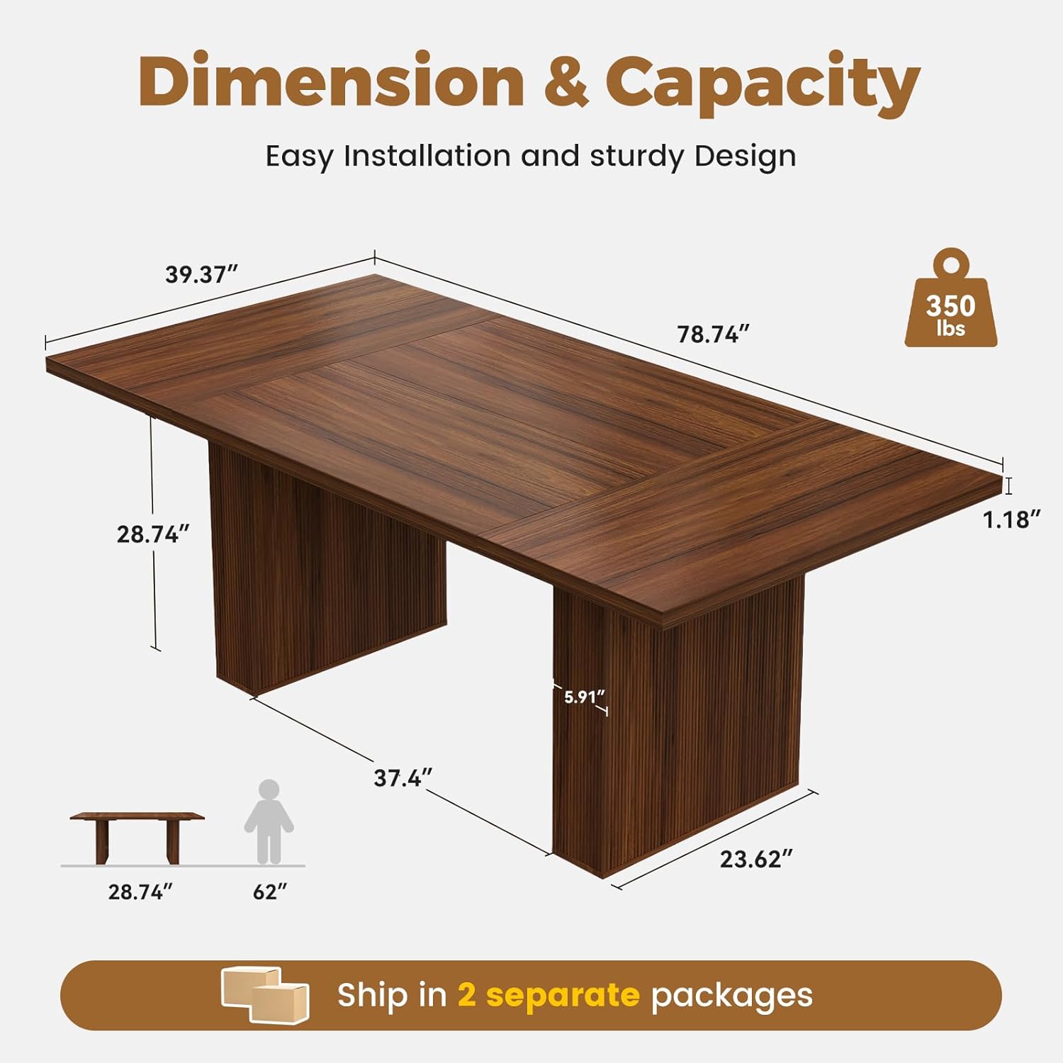 Miereirl 78 Inch Rectangular Dining Table for 6-8 People, Large Modern Farmhouse Kitchen Table with Grooved Wood-Strip Base, Perfect for Dining Room or Family Gathering, Walnut