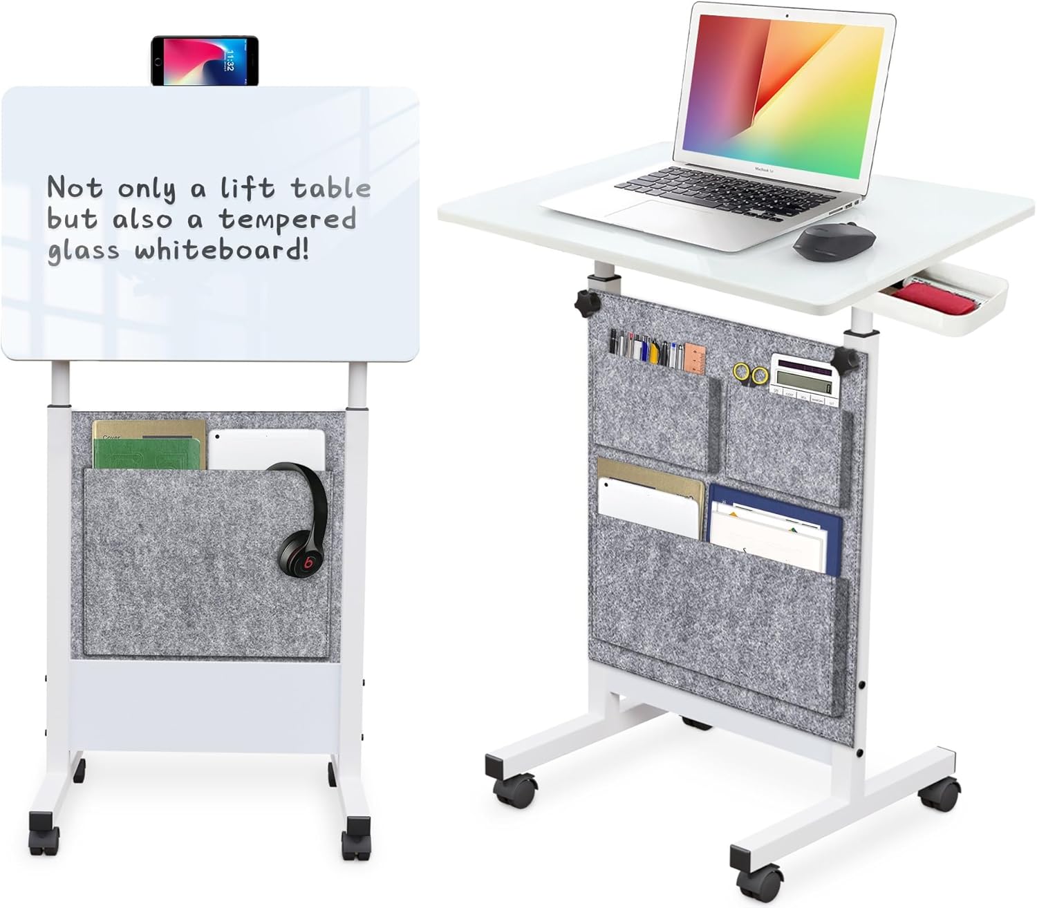 KOUPA Adjustable Height Standing Desk, Writable Tempered Glass Desktop with Eraser, 360° Flip, Wheels and Bag– Ideal for Small Spaces and Home Offices, 24 in, White(Adjustable Height: 32-47 in) 16x24 IN+Bag White