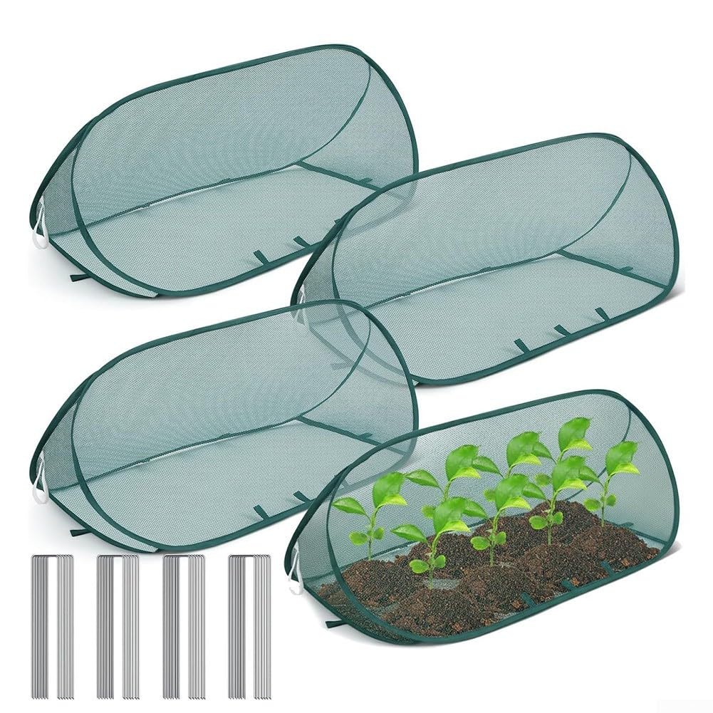 Pop-Up Garden Netting Cover with Flexible Frame & U-Nails, No Assembly Required Plant Protector for Raised Bed, Breathable Mesh Row Cover for Vegetables Fruits(4pcs)