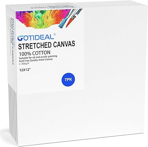 GOTIDEAL Lienzos estirados para pintura, 12 x 12 pulgadas, juego de 7, blanco imprimado, 100% algodón, lienzos cuadrados de arte en blanco para