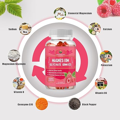 Miniatura 5 de Gomitas de glicinato de magnesio de 65 unidades, 700 mg, suplementos de glicinato de magnesio con vitaminas D, B6, CoQ10, para dormir, relajación y
