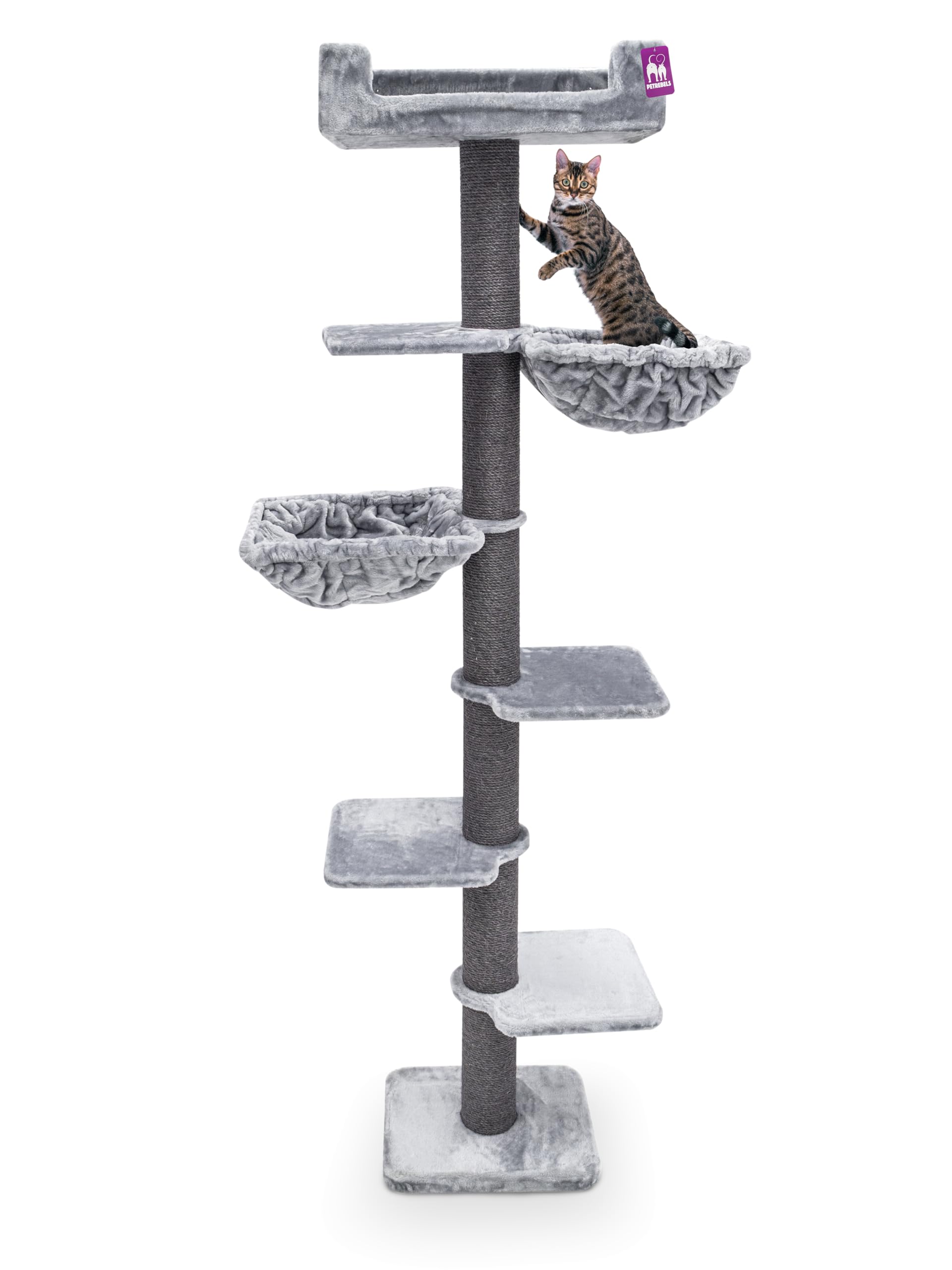 Petrebels Kratzbaum Deckenhoch mit Dicke Stämme, Alexis 224 cm, Grau | extrem stabil mit Wandmontage, Ø 12 cm Sisalstamm, für große Katzen & Maine Coon, mit 2 Hängematten und Sofa, bis zur Decke