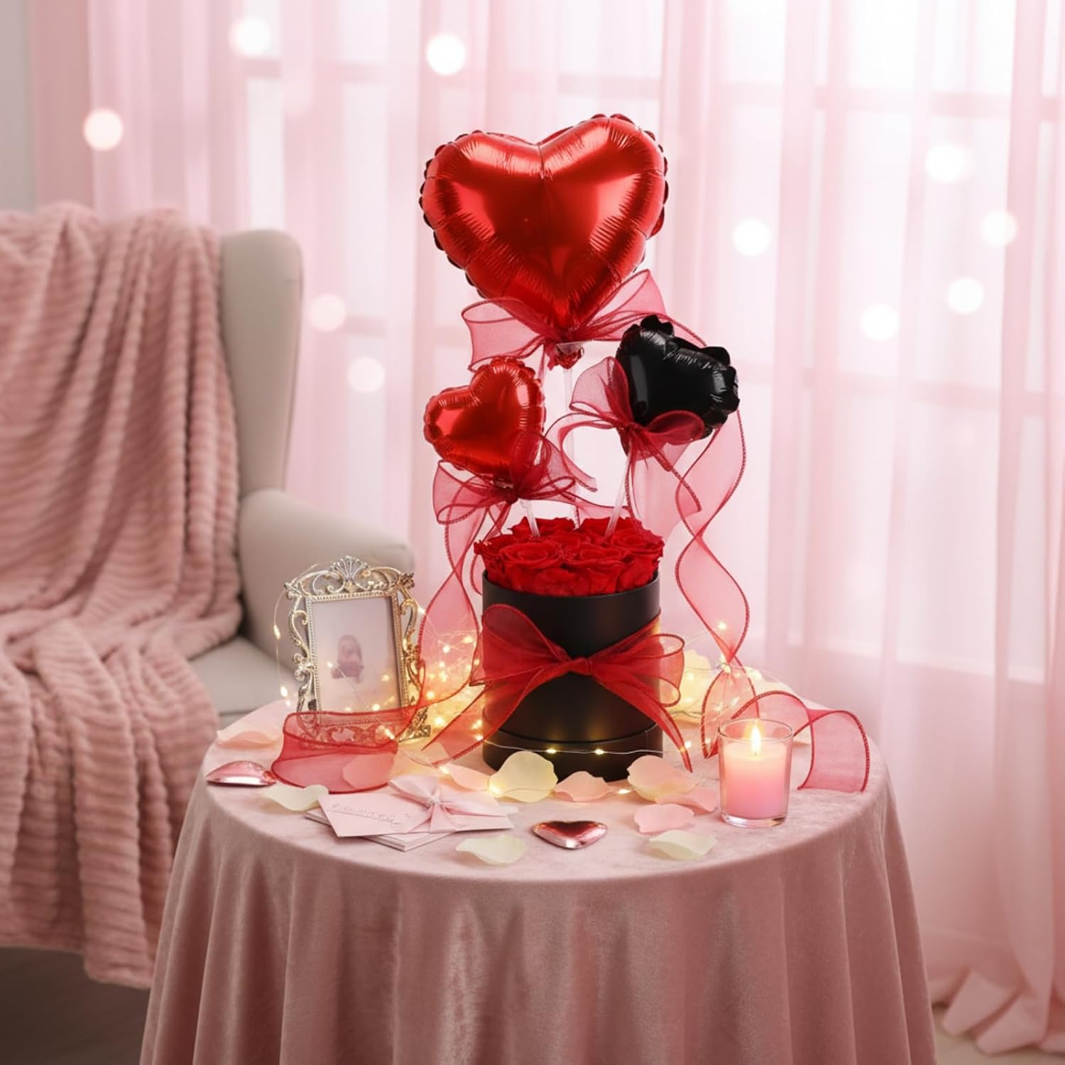 Red Mother's Day 7 Preserved Rose in Box Gift for Her with Heart Ballon Forever Flower Box Set Last 1-3 Years with Heart Shaped Balloon for Women Loved One Mother's Gift Need Assembly