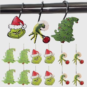 SHOCAWS 12-Piece Christmas Shower Curtain Hooks - Festive Metal Rustproof Cute Shower Curtain Rings Bathroom Decoration Acces