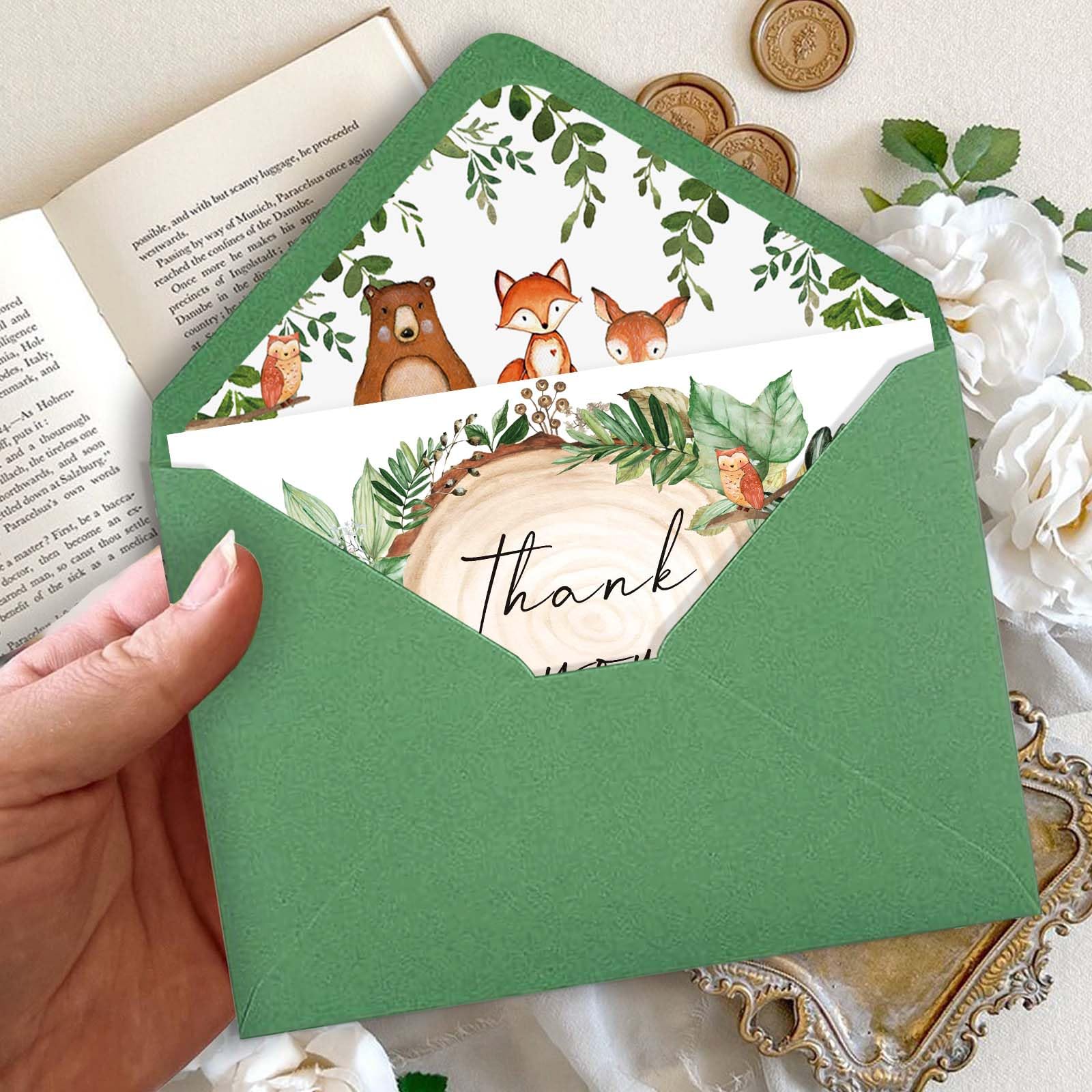 Woodland Dankeskarten, Waldtiere, Dankeskarten, 10,2 x 15,2 cm, mit passenden Umschlägen und Aufklebern, grüne Notizkarten, Wald-Baby-Party, Geburtstag, Dankeskarten (50 Stück)