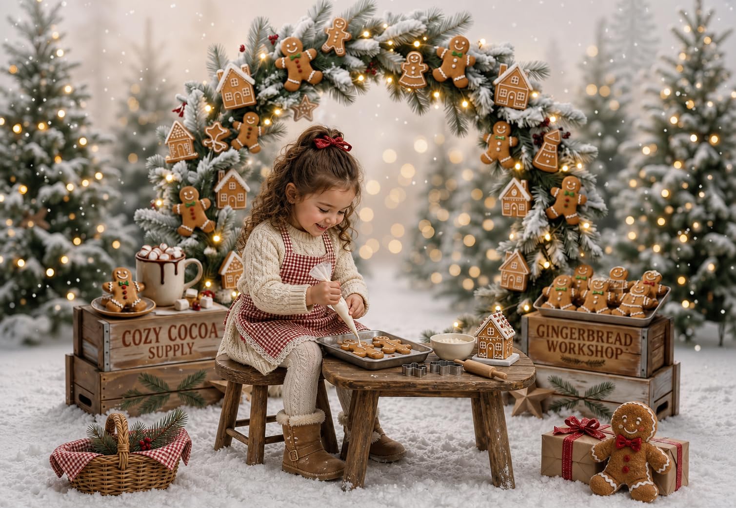Sfondo fotografico natalizio Kate 2x2m/6.5x6.5piedi con arco di pan di zenzero natalizio cacao e alberi innevati ideale per compleanni di bambini e ritratti di famiglia
