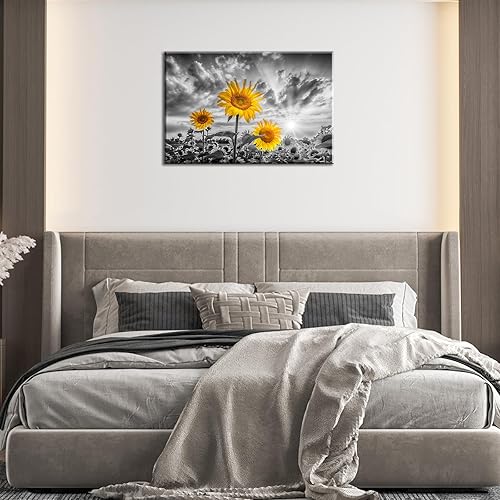 Miniatura 6 de Lienzo decorativo para pared, diseño de girasoles en blanco y negro, póster de flores amarillas, girasoles rústicos, arte de pared, pintura floral
