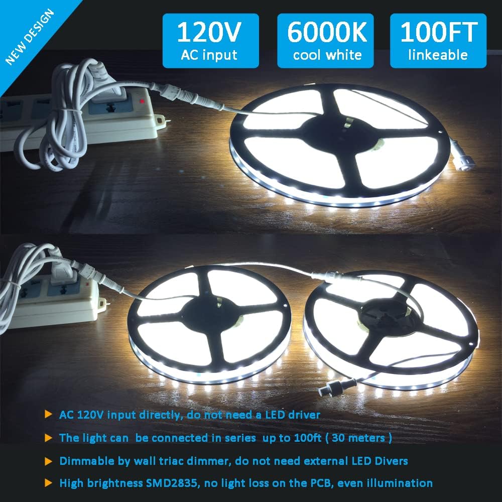 120V Dimmable LED Strip Light, Work with Smart Plug, Waterproof IP65, No Need LED Driver Converter, Cool White 6000K Flexible LED Rope Light, 110 Volt Kitchen Light, 115V Under Cabinet LED Light
