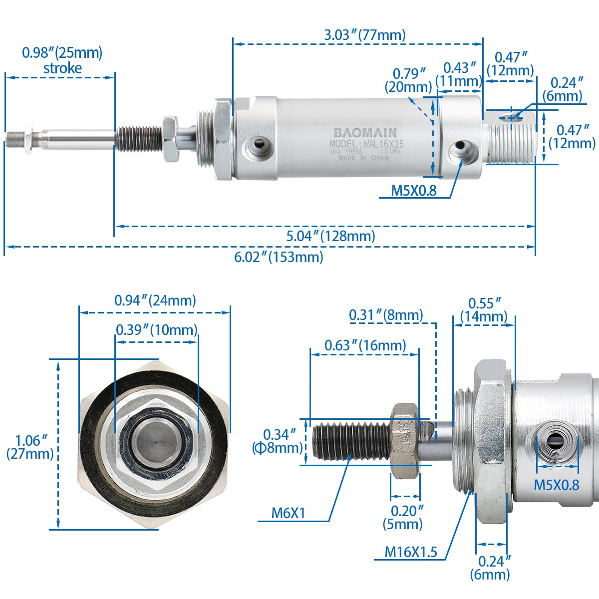 Baomain MAL 16x25 Mini Pneumatic Air Cylinder,0.63 inch(16 mm