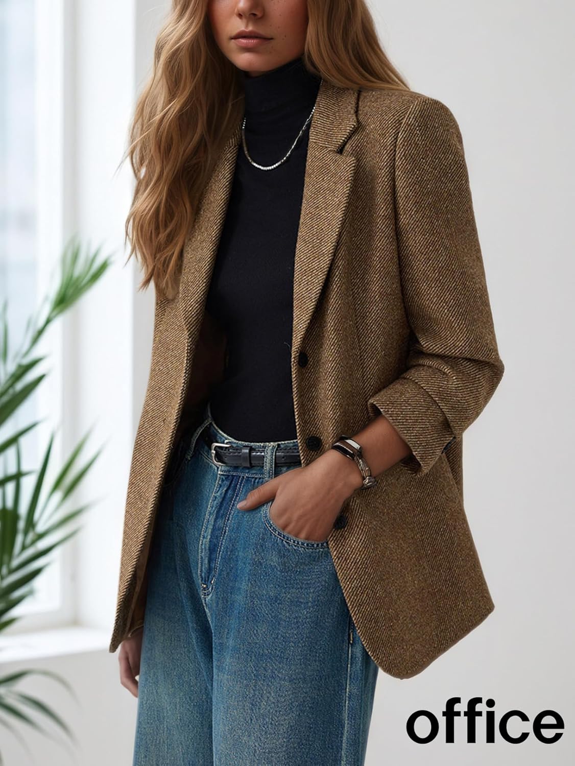 Mina Self 2026 Spring Women Herringbone Tweed Wool Blazer-Lapel Collar Business Casual Long Sleeve Office Jacket with Pockets - Image 2