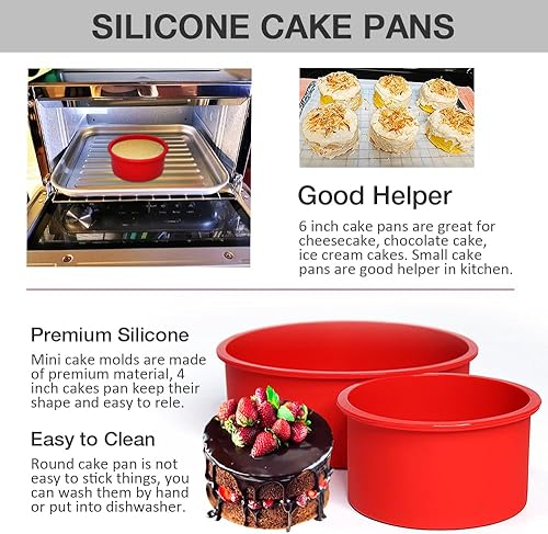 Miniatura 5 de Moldes de silicona para tartas de 6 y 4 pulgadas, moldes de silicona reutilizables, moldes redondos rojos fáciles de limpiar, molde pequeño para