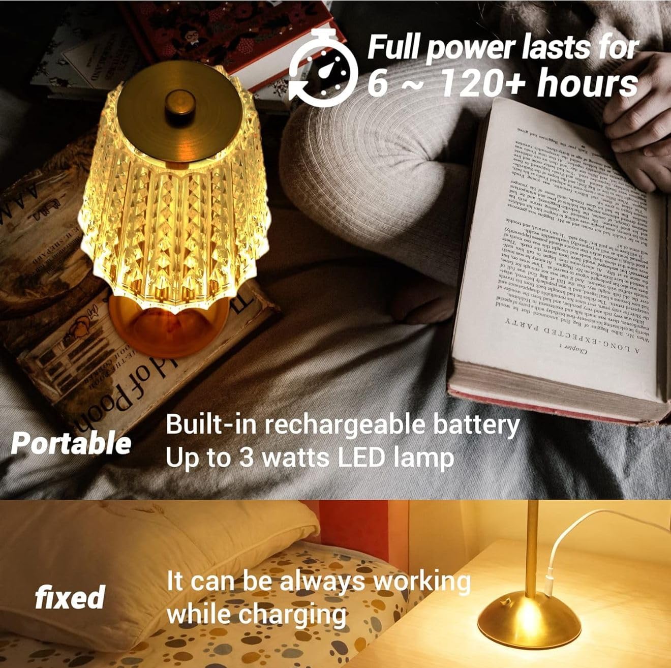 Rechargeable LED Table Lamp, Crystal Glass Shade, 3W, USB-C, Gold Metal Base, 11.8-inch