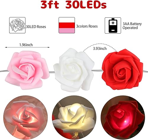 Miniatura 3 de CCINEE Guirnalda de luces LED rosas de 9.8 pies, 30 luces LED de hadas, funciona con pilas, guirnalda de flores artificiales para decoración de San