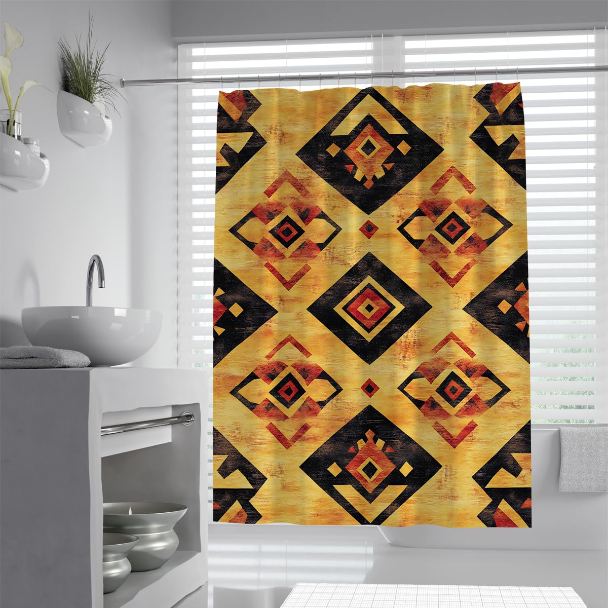 UERWOWELL Vintage Tribal Shower Curtain Abstract Floral Geometric Pattern Fabric Bath Curtains Modern Aztec Bathroom Curtain for Bathtub Washable W150xL200 cm