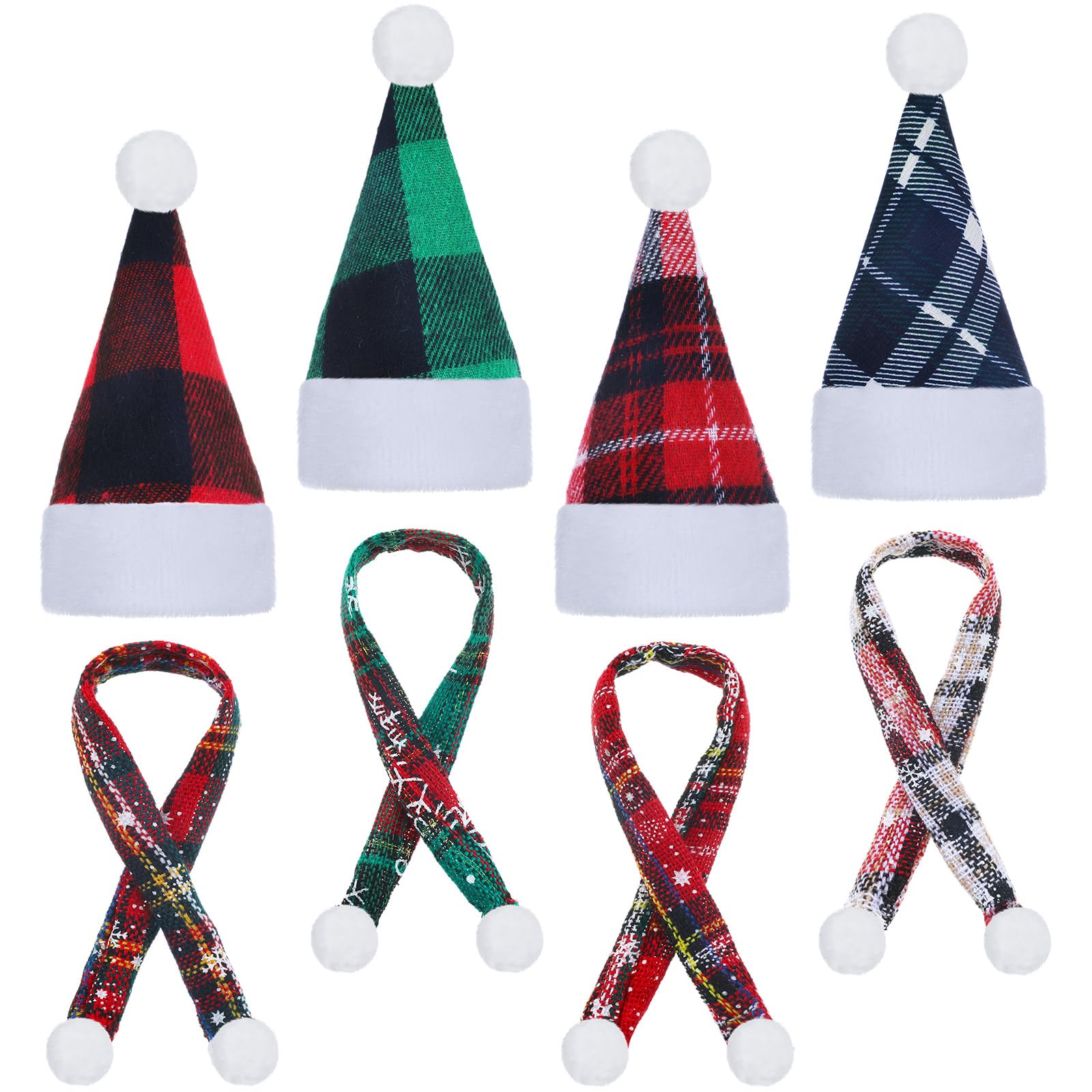 Geyoga 8 Pcs Mini Santa Hats and Scarves Decor Doll Christmas Accessories Small Gnome Hat for Craft DIY for Wine Bottle Gifts(Multi Color,Warm)