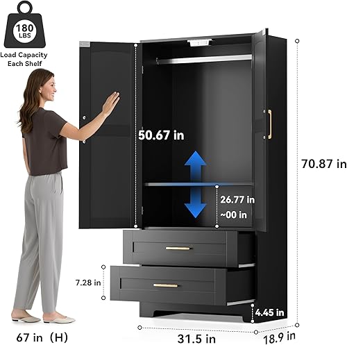 Miniatura 2 de Armario de madera con 2 cajones, armarios de dormitorio con puerta y estantes, armario independiente de almacenamiento de ropa con barra para colgar