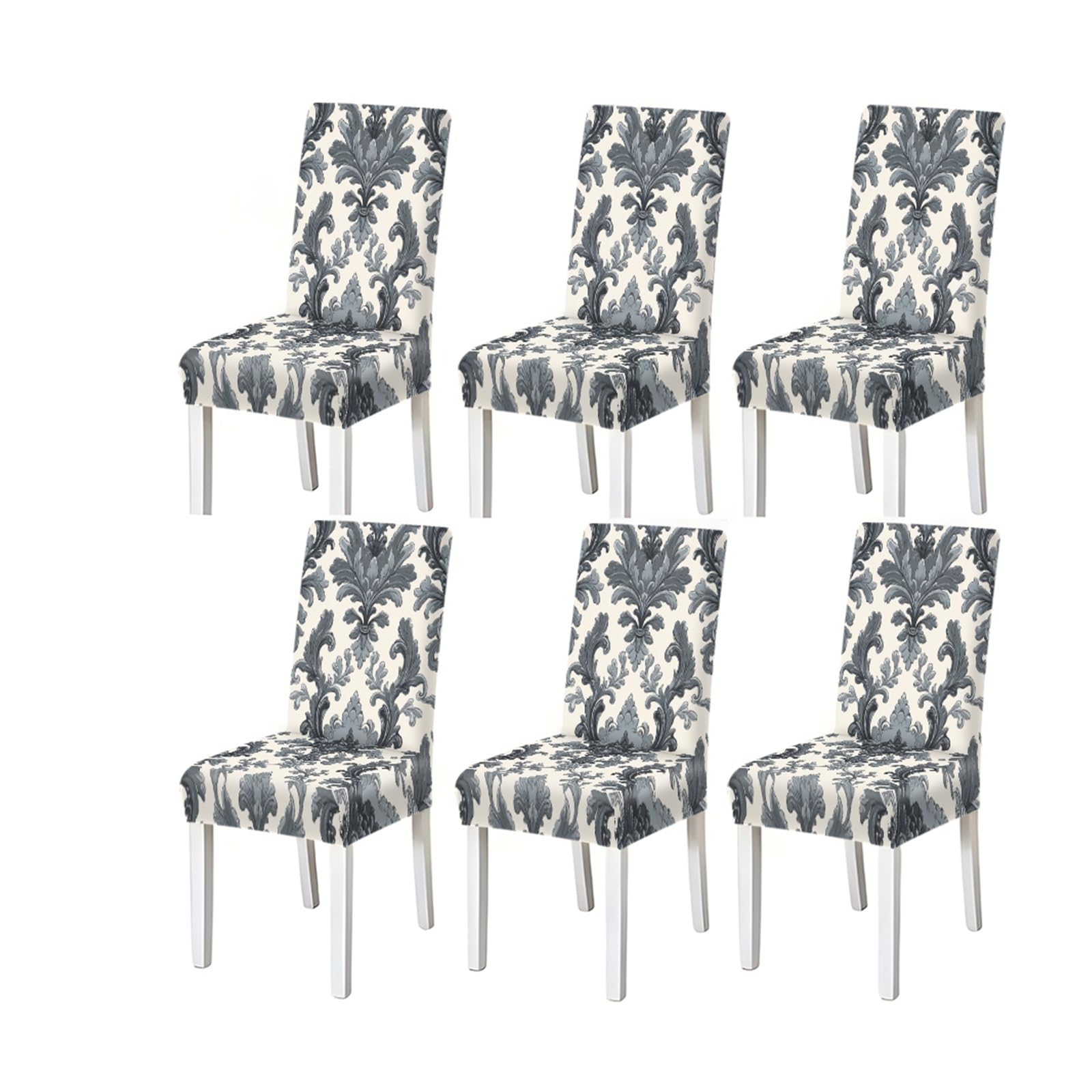 KXUAUV Gray White Damask Baroque Floral Pattern Print Dining Chair Covers Set Of 2/4/6, Stretch Slipcovers For Kitchen Dining Room Seat Protectors for Restaurant Hotel Party(6PCSChair cover)