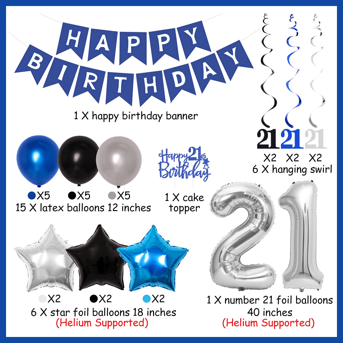 21. Geburtstag Dekoration Set Marineblau & Silber – Banner, Hintergrund, Ballons, Nummer 21