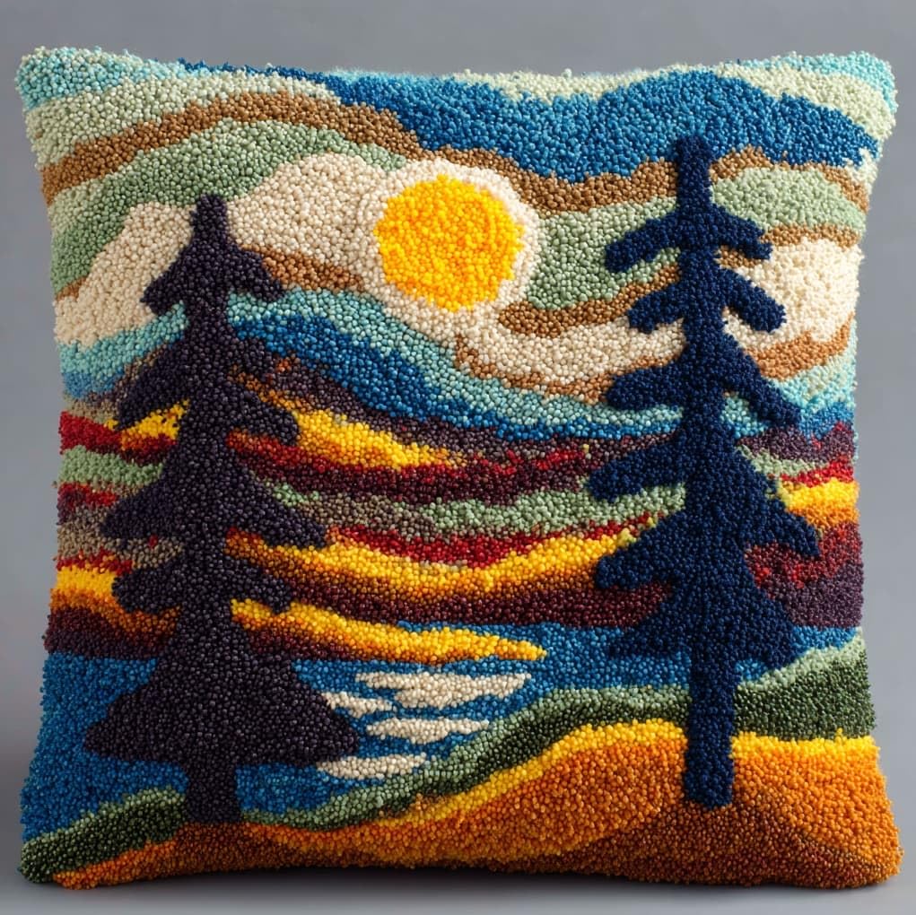 WallustrioaW Latch Hook Kit Cushion,Sunset Pine Tree Landscape,Latch Hook Kit DIY Pillow Materials Package Embroidery Cross Stitch Gifts,17x17in
