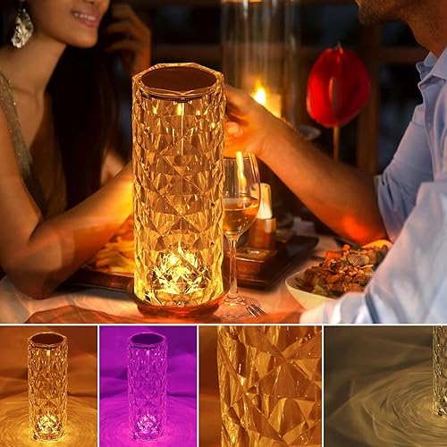 Miniatura 2 de Lámpara de mesa de cristal, luz nocturna que cambia de color RGB con control táctil y remoto, lámpara de noche acrílica recargable por USB con