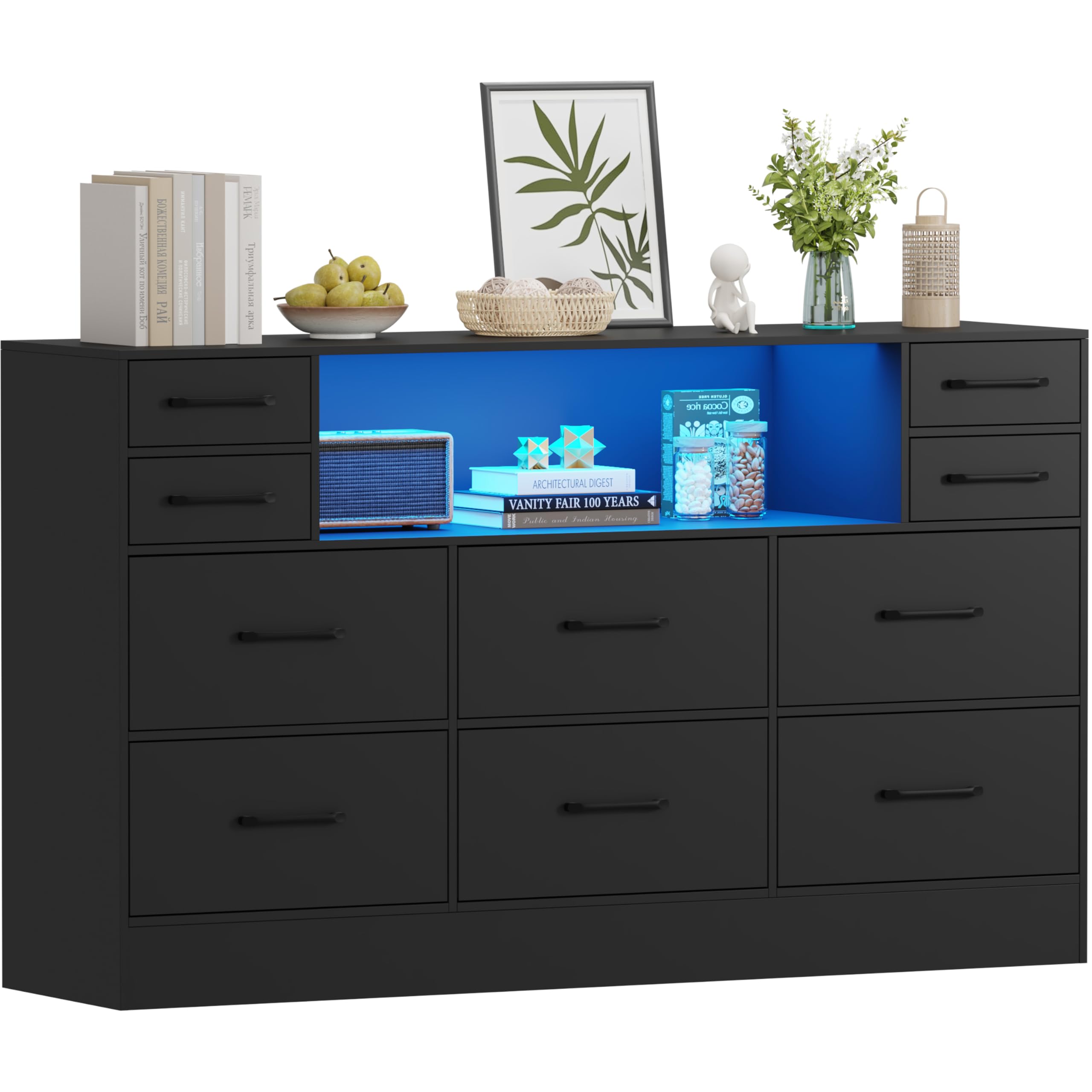 LSBIKE Chest of Drawers Fabric 10 Drawer Chest with LED Lights Storage Organiser Unit Non-woven Drawer w/Wooden Frame Easy to Assemble for Bedroom, Living Room Kid Room Nursery (Black)