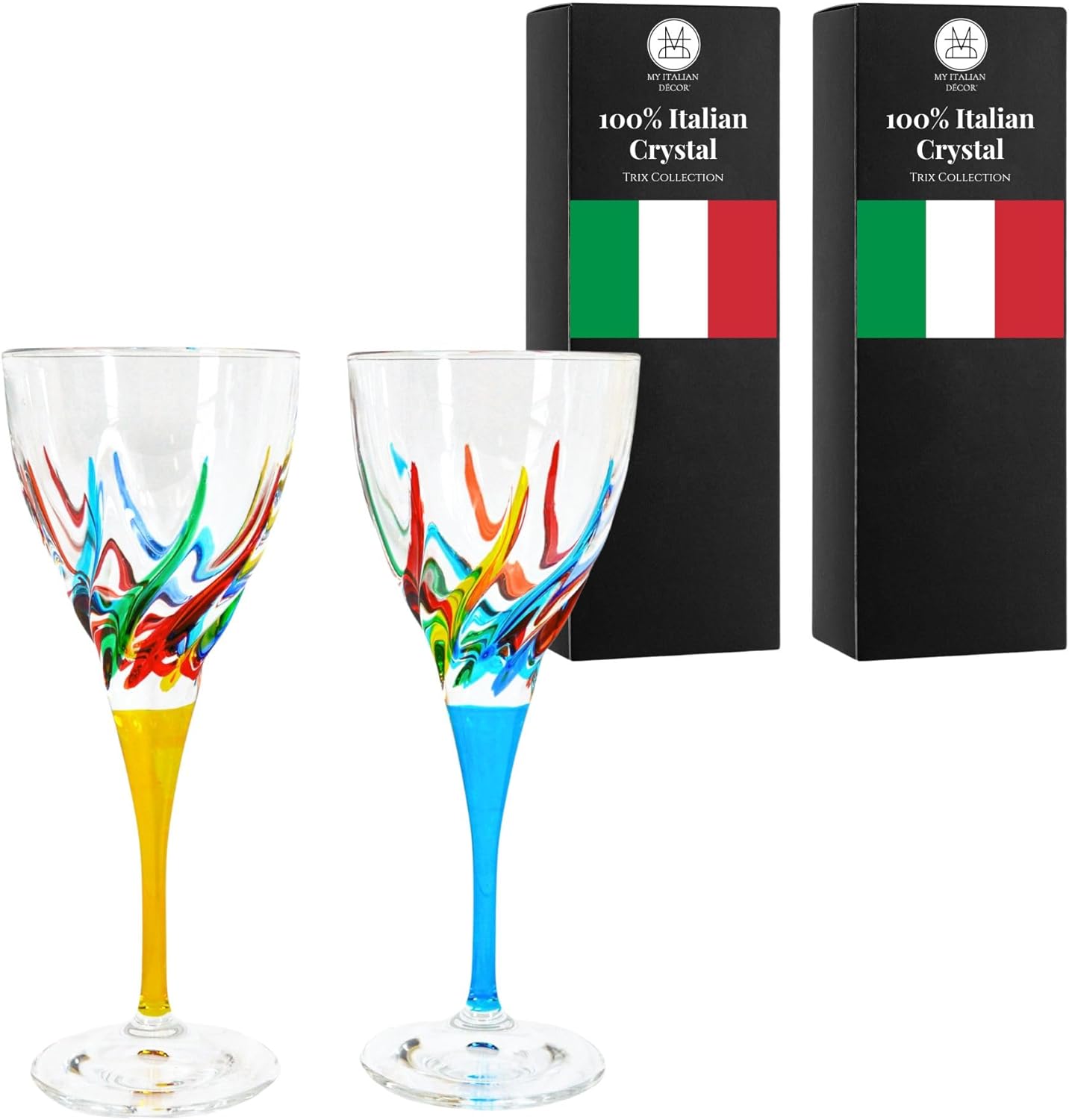 Italian Wine Glasses, Trix Collection, Set of 2, 8 OZ Glasses, Hand Painted Drinkware, Crystal Glassware, Colored Wine Glasses, Wine Goblets, Hand Blown, Glass Goblets, Made In Italy