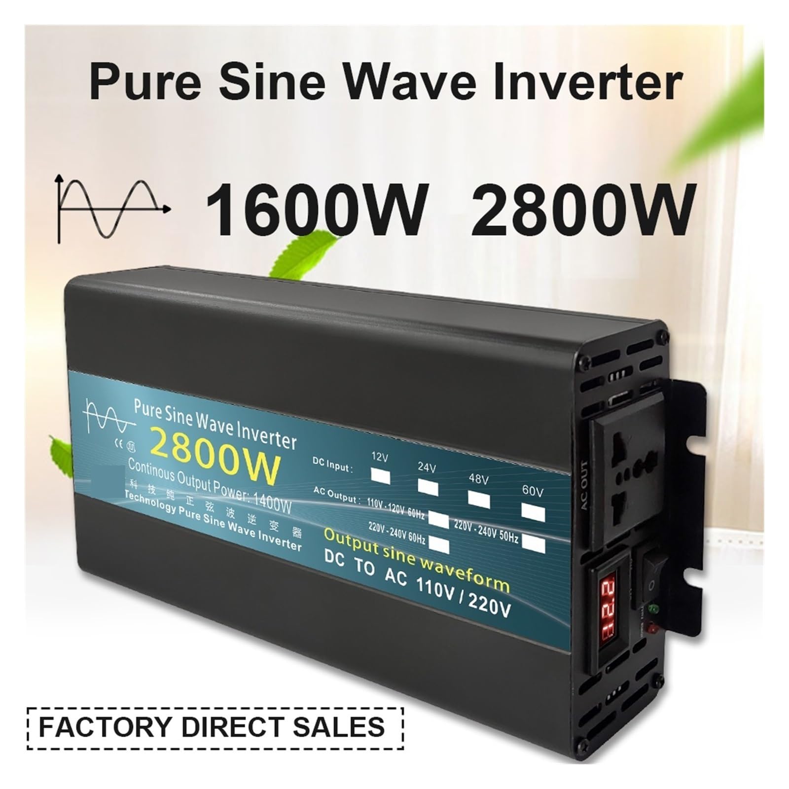 Falownik 12V 24V 1000W 1600W 2000W 2800W czysta fala sinusoidalna falownik konwerter zasilania Solar Inversor 12V do 220 transformator LED,PotężNa Moc WyjśCiowa(1600W,48V)