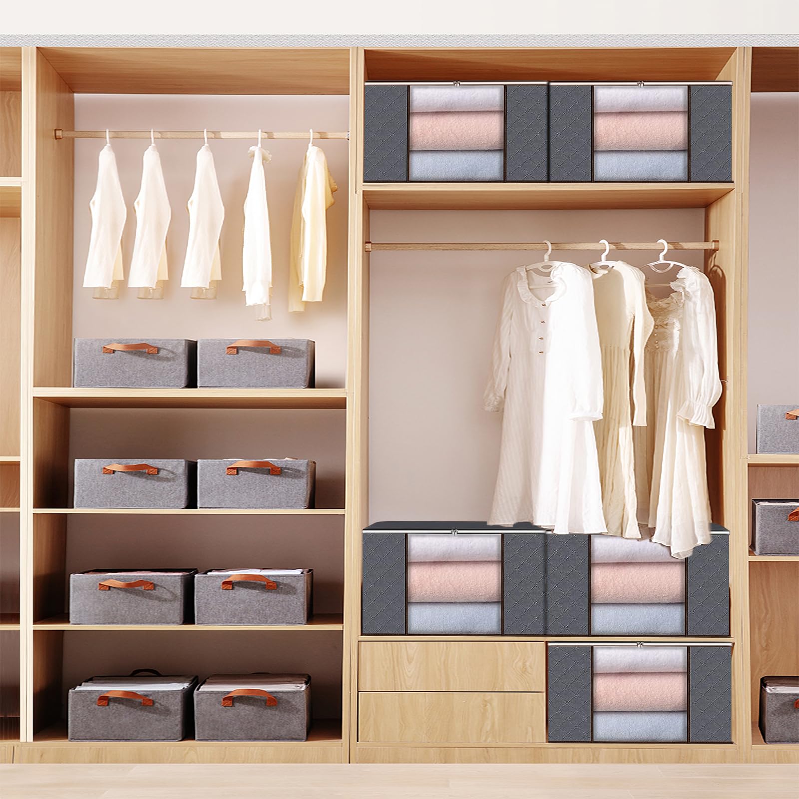 Collazoey 6 pezzi Scatole per Armadio,90L scatole portaoggetti pieghevoli, contenitori portaoggetti per organizzare camere da letto, armadi, vestiti, trapunte, con coperchio e maniglia, grigio